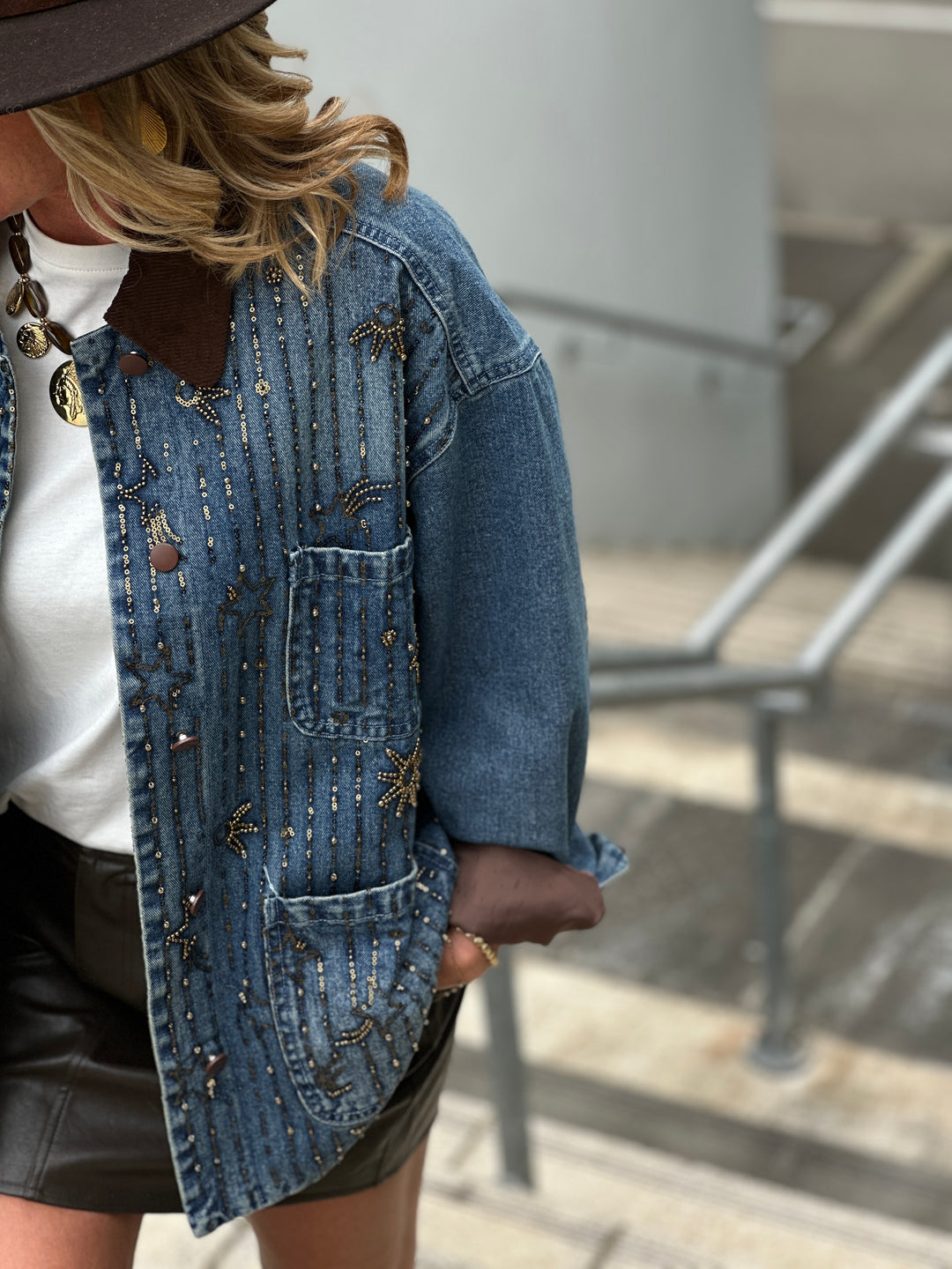 Veste jean épais strass étoiles V8606