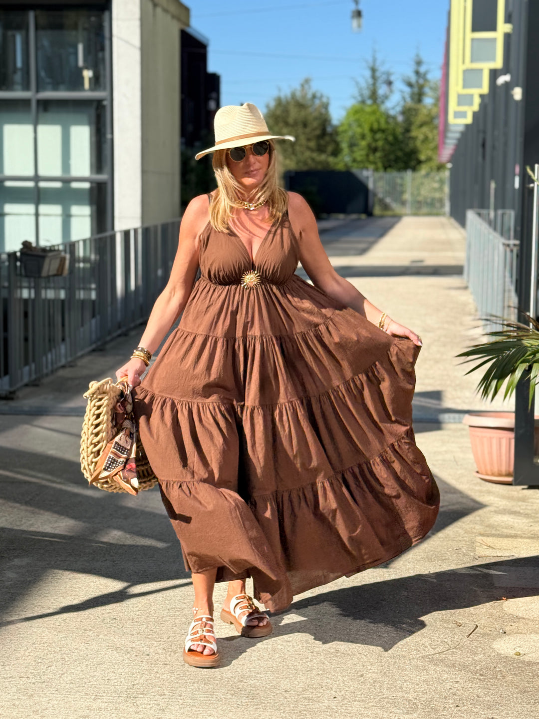 Robe Maxi col V soleil choco 6686