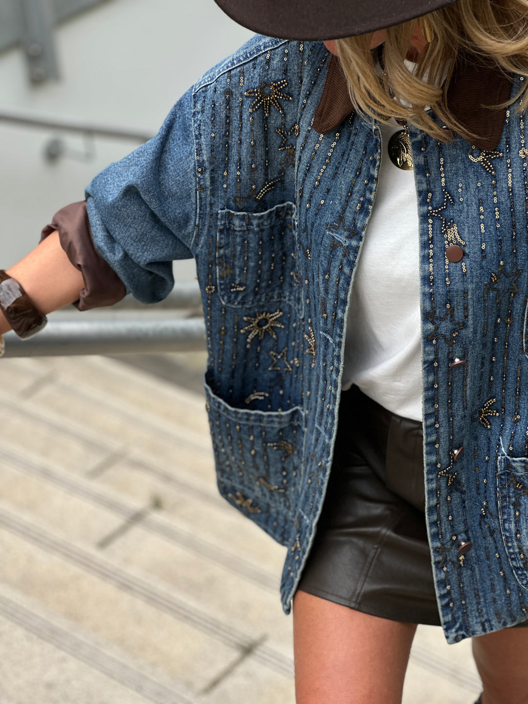 Veste jean épais strass étoiles V8606