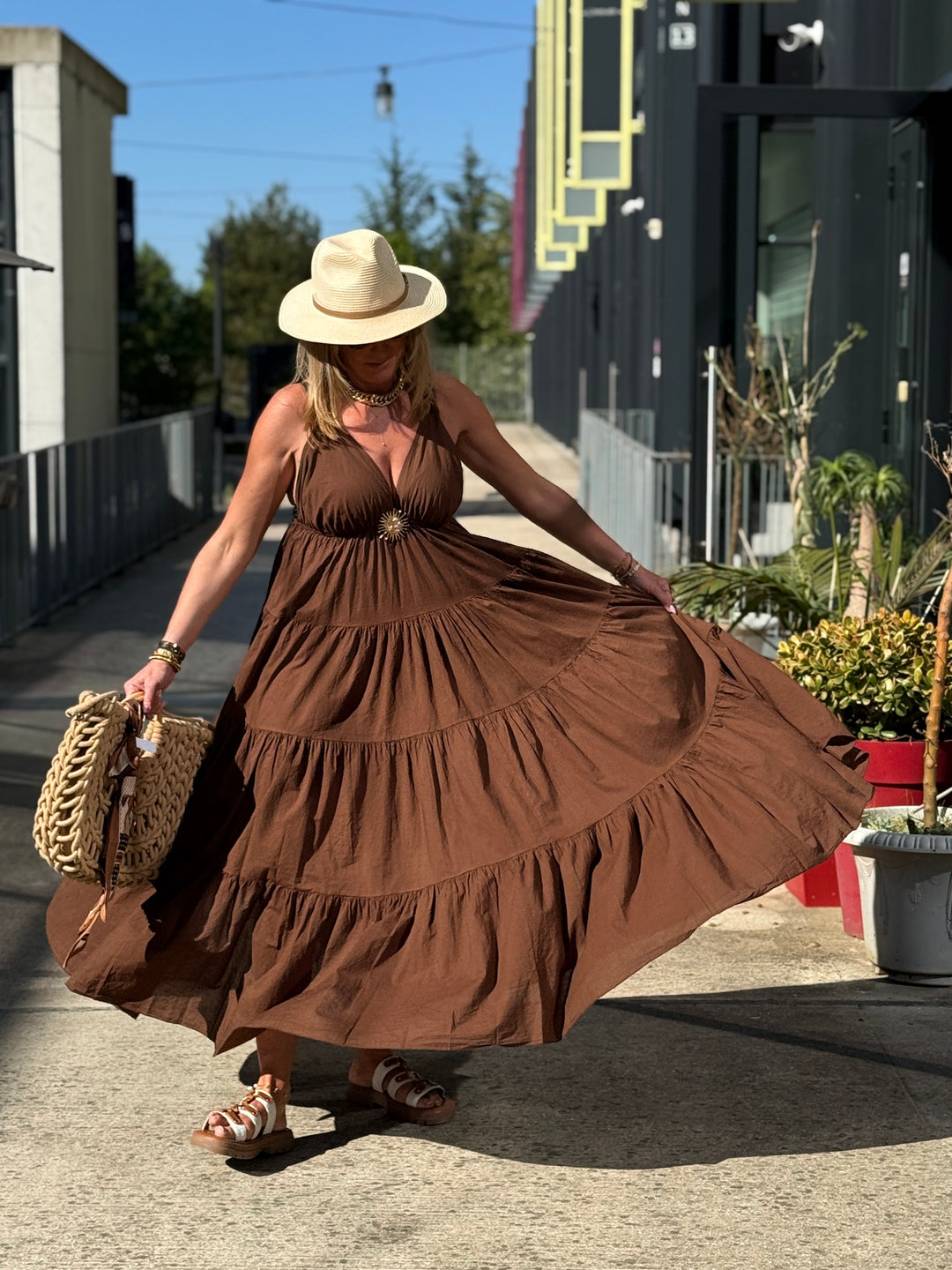 Robe Maxi col V soleil choco 6686