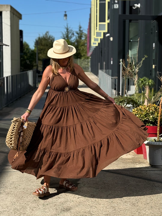 Robe Maxi col V soleil choco 6686