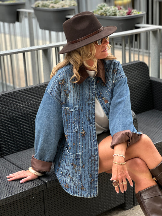 Veste jean épais strass étoiles V8606