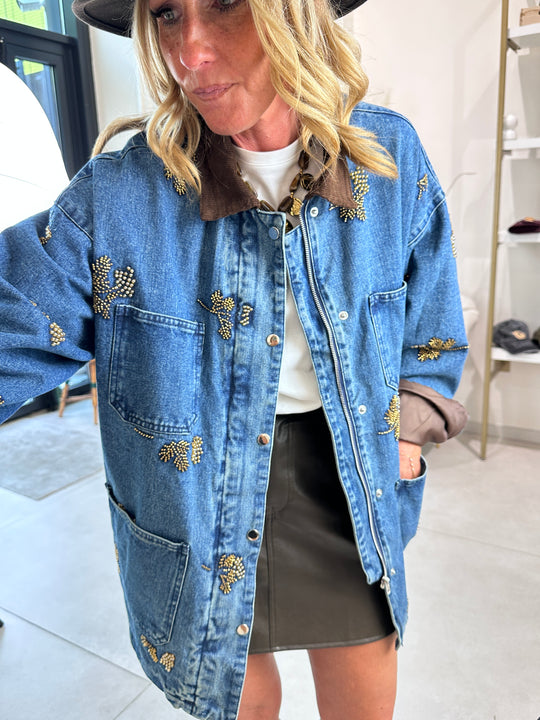 Veste jean épais strass fleurs V8604