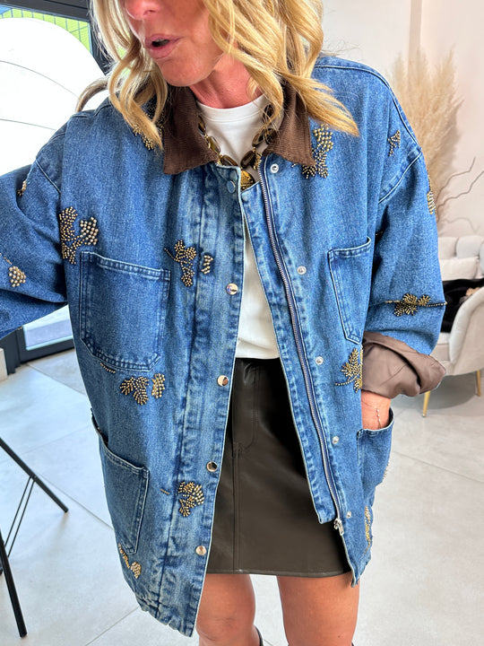 Veste jean épais strass fleurs V8604