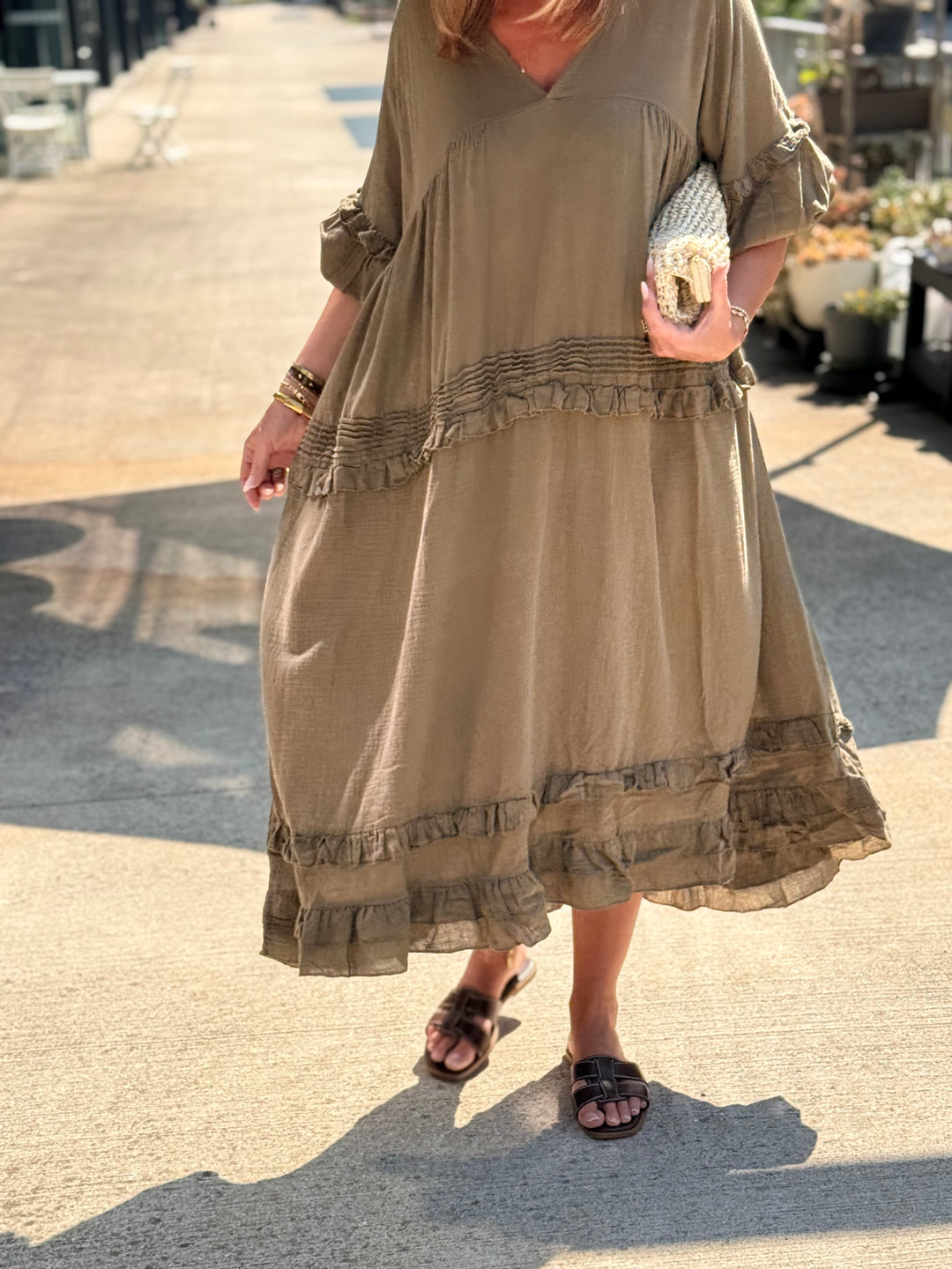 Robe kaki ample à volant 5524