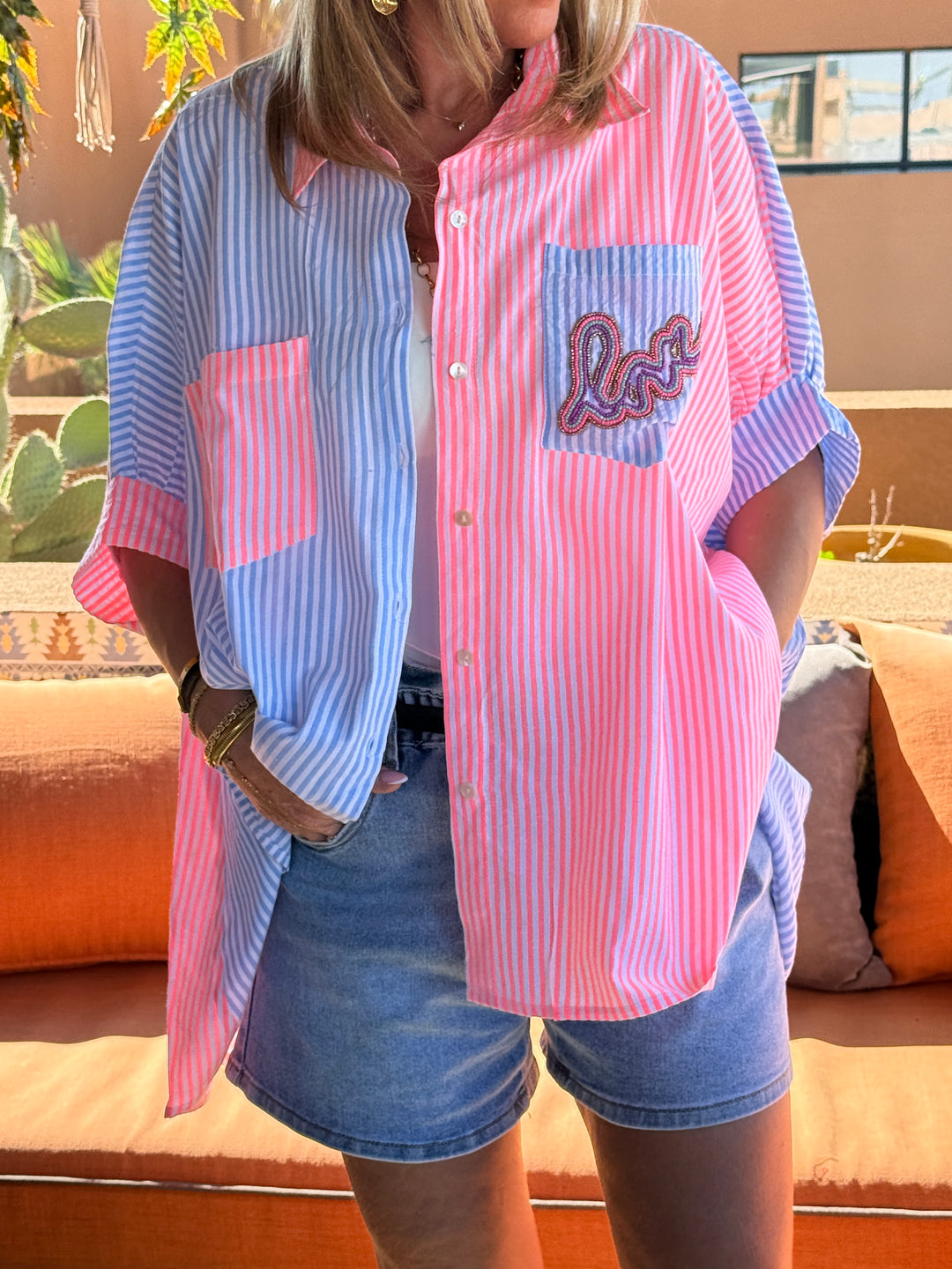 Chemise double couleur bleu/rose ROKA