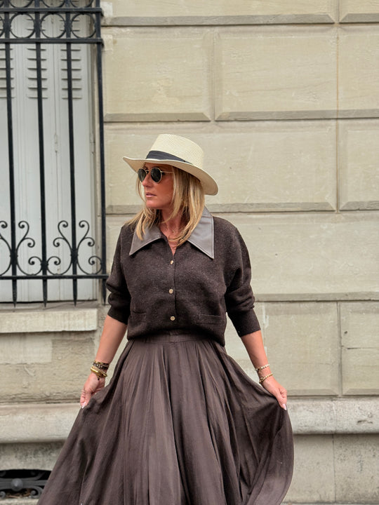 Gilet maille col effet cuir marron Juliette 8033