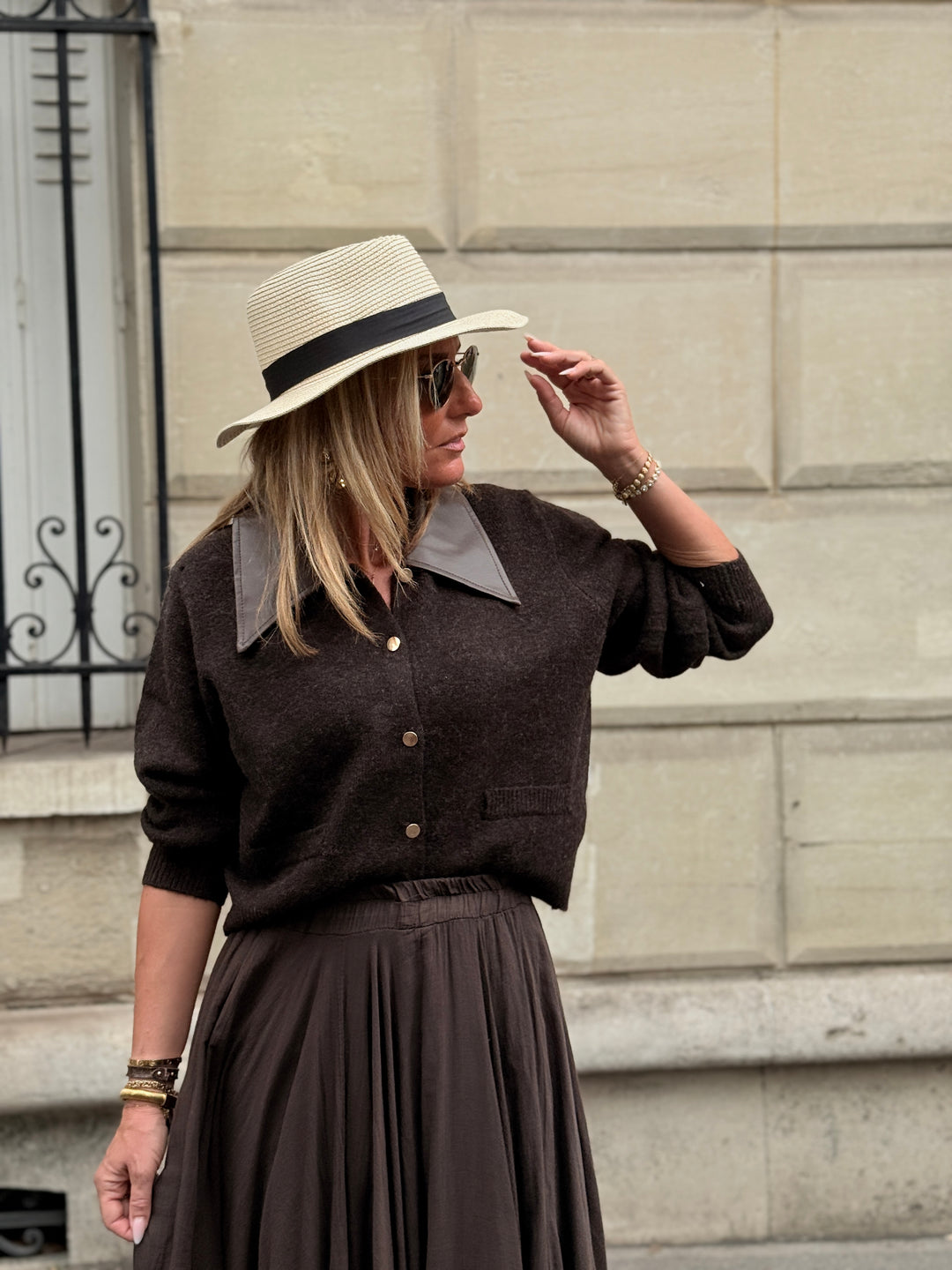 Gilet maille col effet cuir marron Juliette 8033