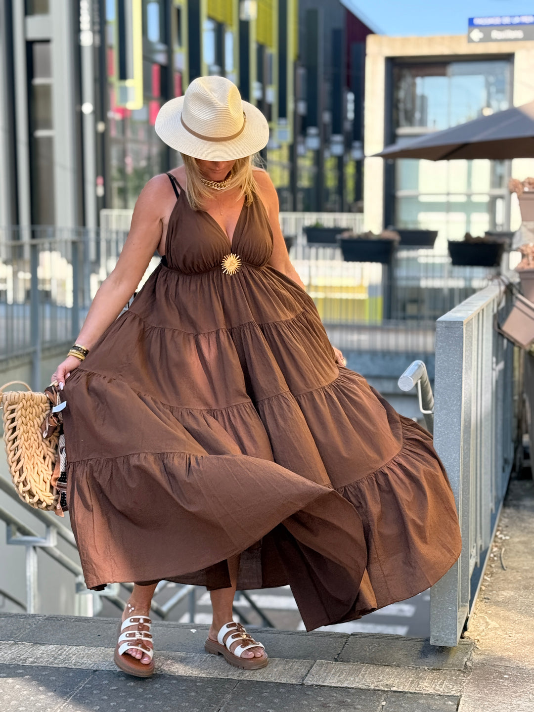 Robe Maxi col V soleil choco 6686