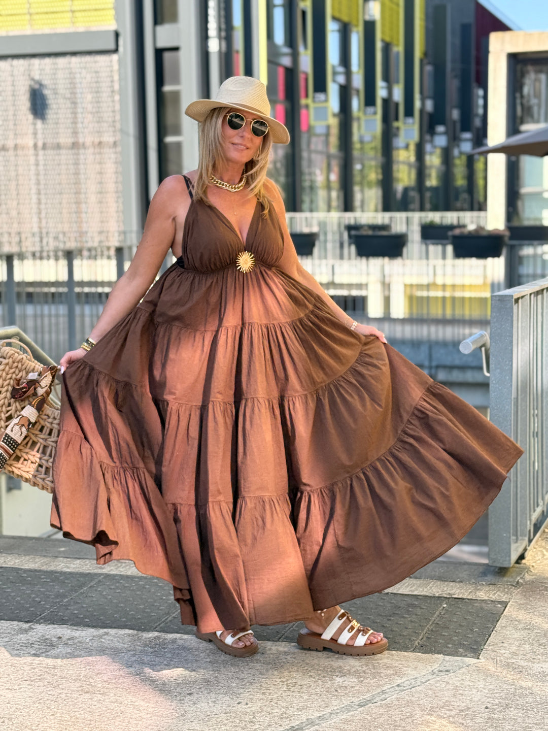 Robe Maxi col V soleil choco 6686