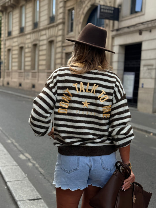 Pull rayure choco brodé jaune 5603