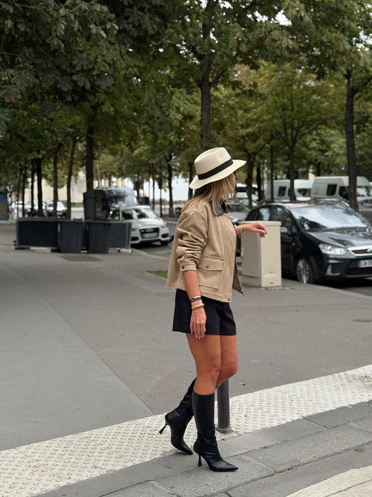 Veste effet daim col simili cuir Beige 5680