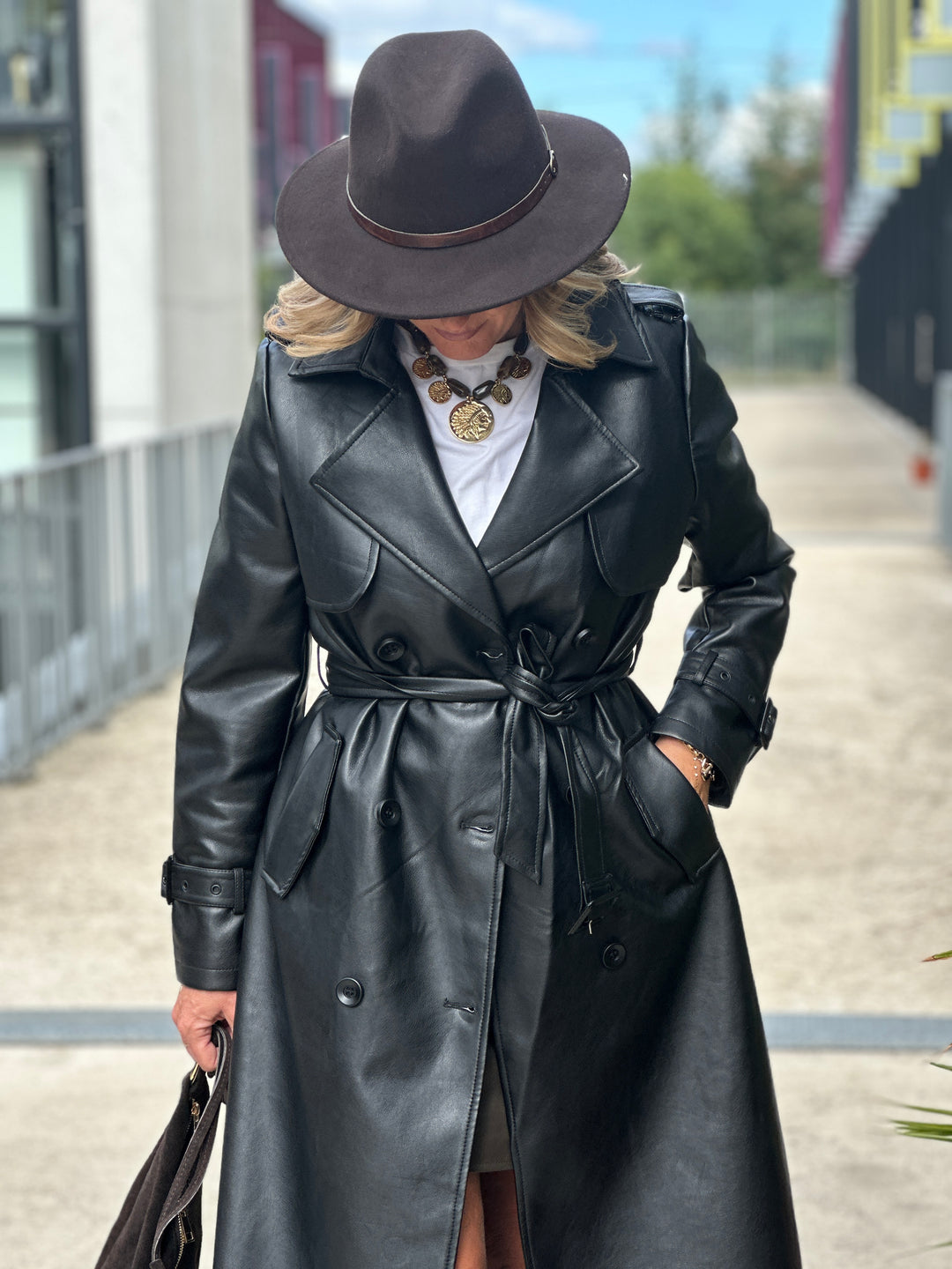 Trench long noir similicuir 202108