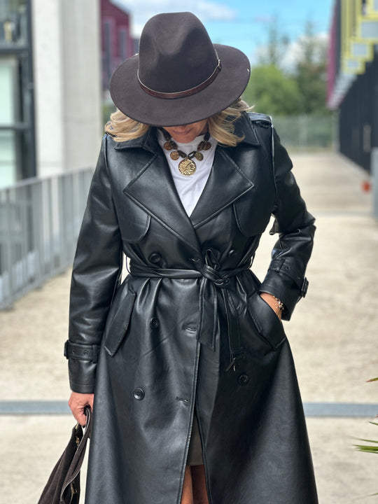 Trench long noir similicuir 202108