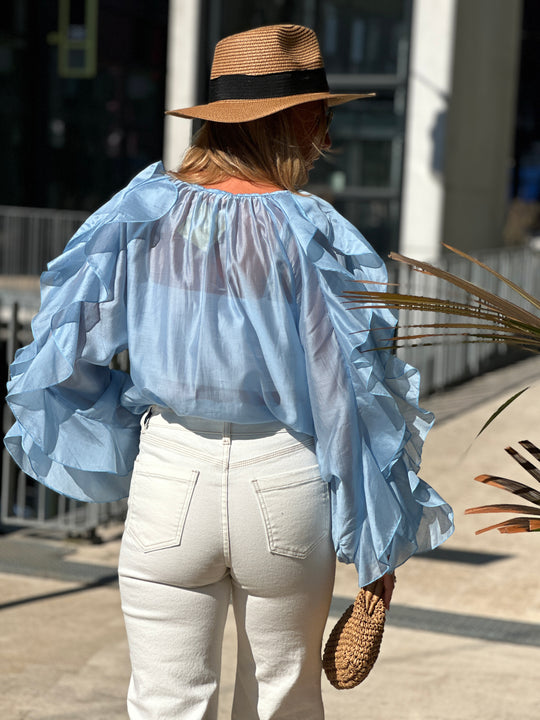 Blouse bouffante volant Bleu flamenco