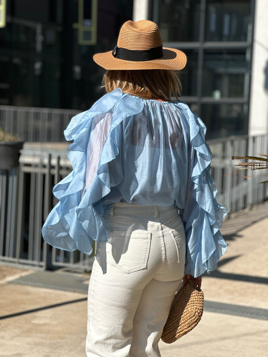 Blouse bouffante volant Bleu flamenco