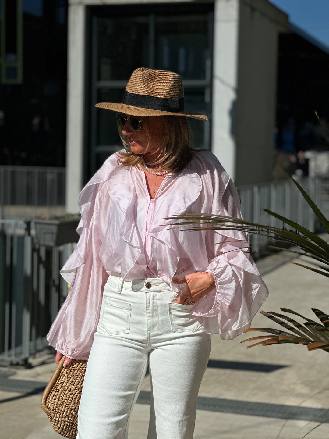 Blouse bouffante volant rose flamenco