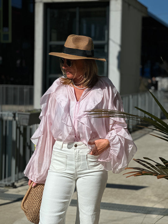 Blouse bouffante volant rose flamenco