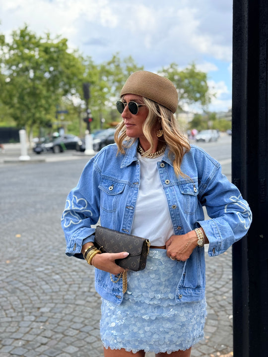 Veste jean manches brodé M7502
