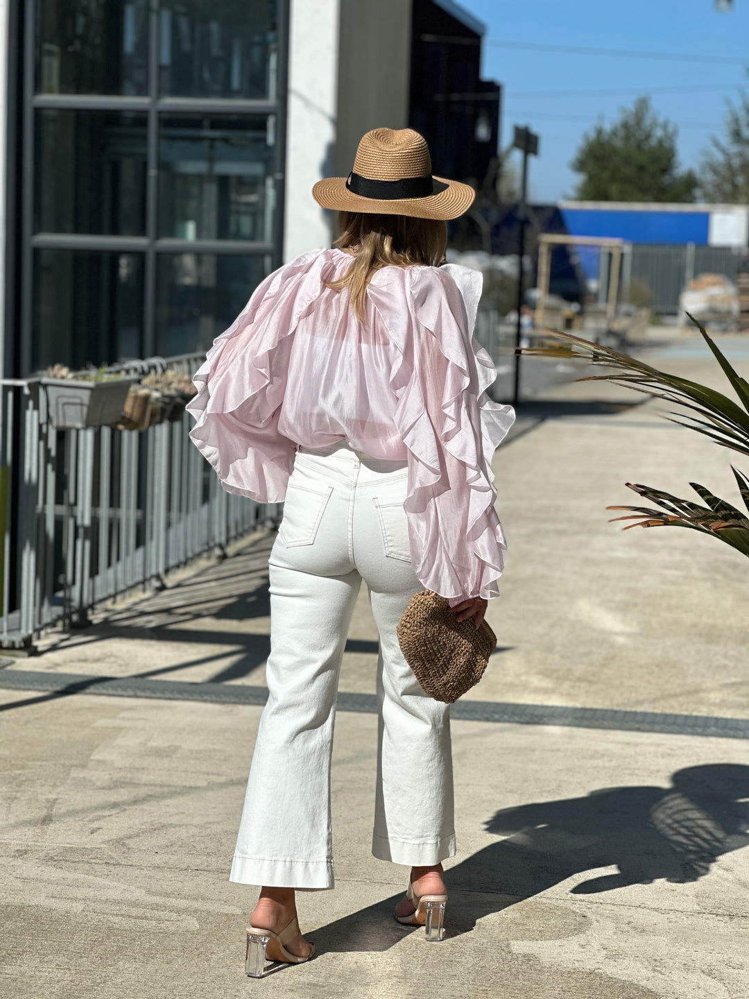 Blouse bouffante volant rose flamenco