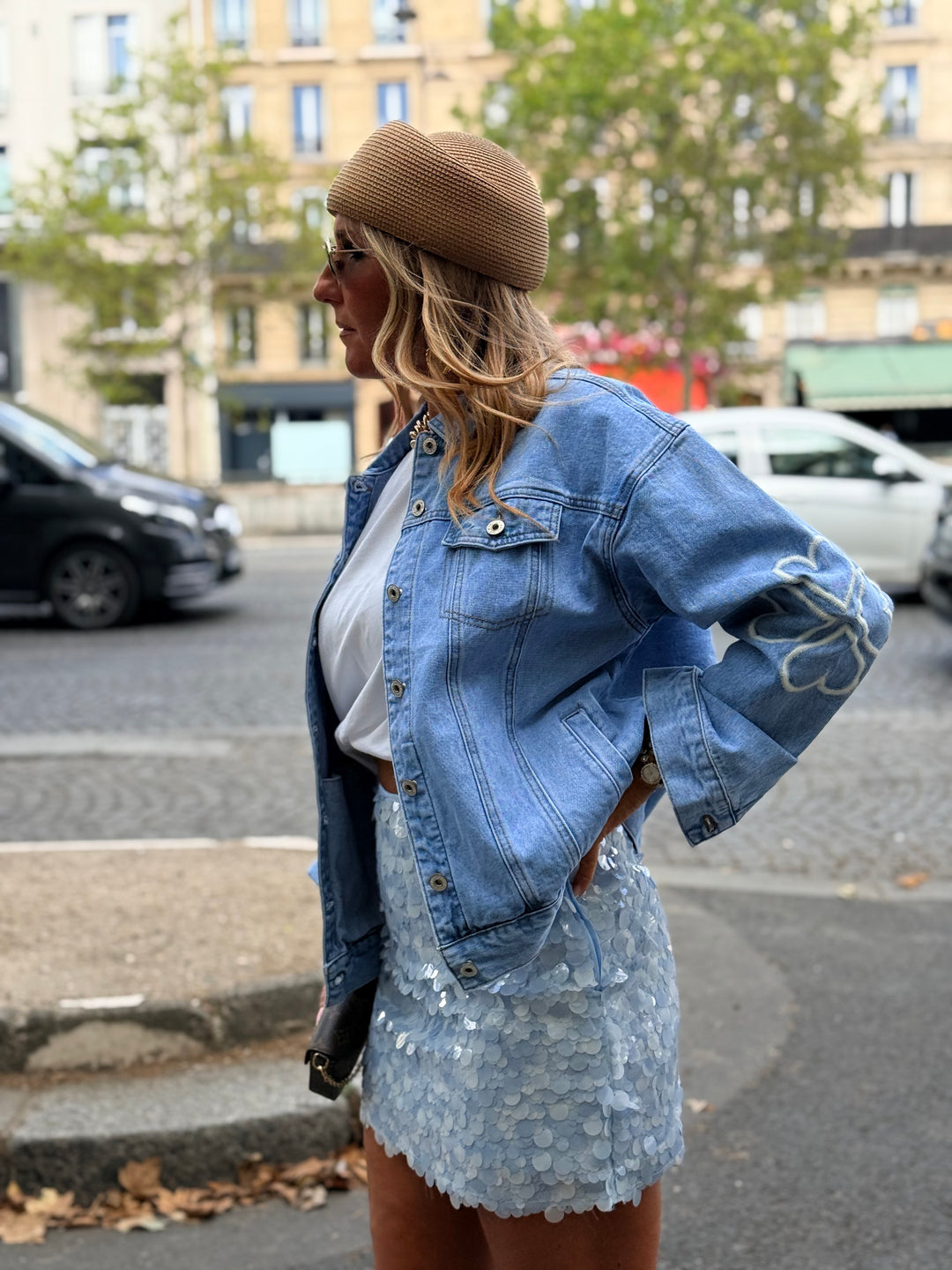 Veste jean manches brodé M7502