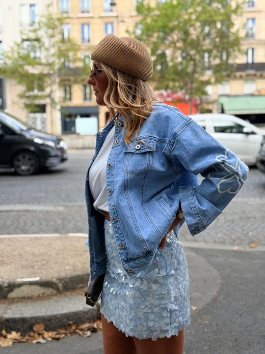 Veste jean manches brodé M7502