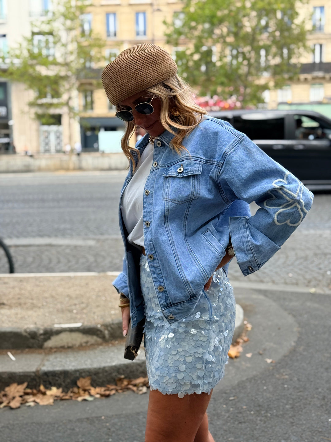 Veste jean manches brodé M7502