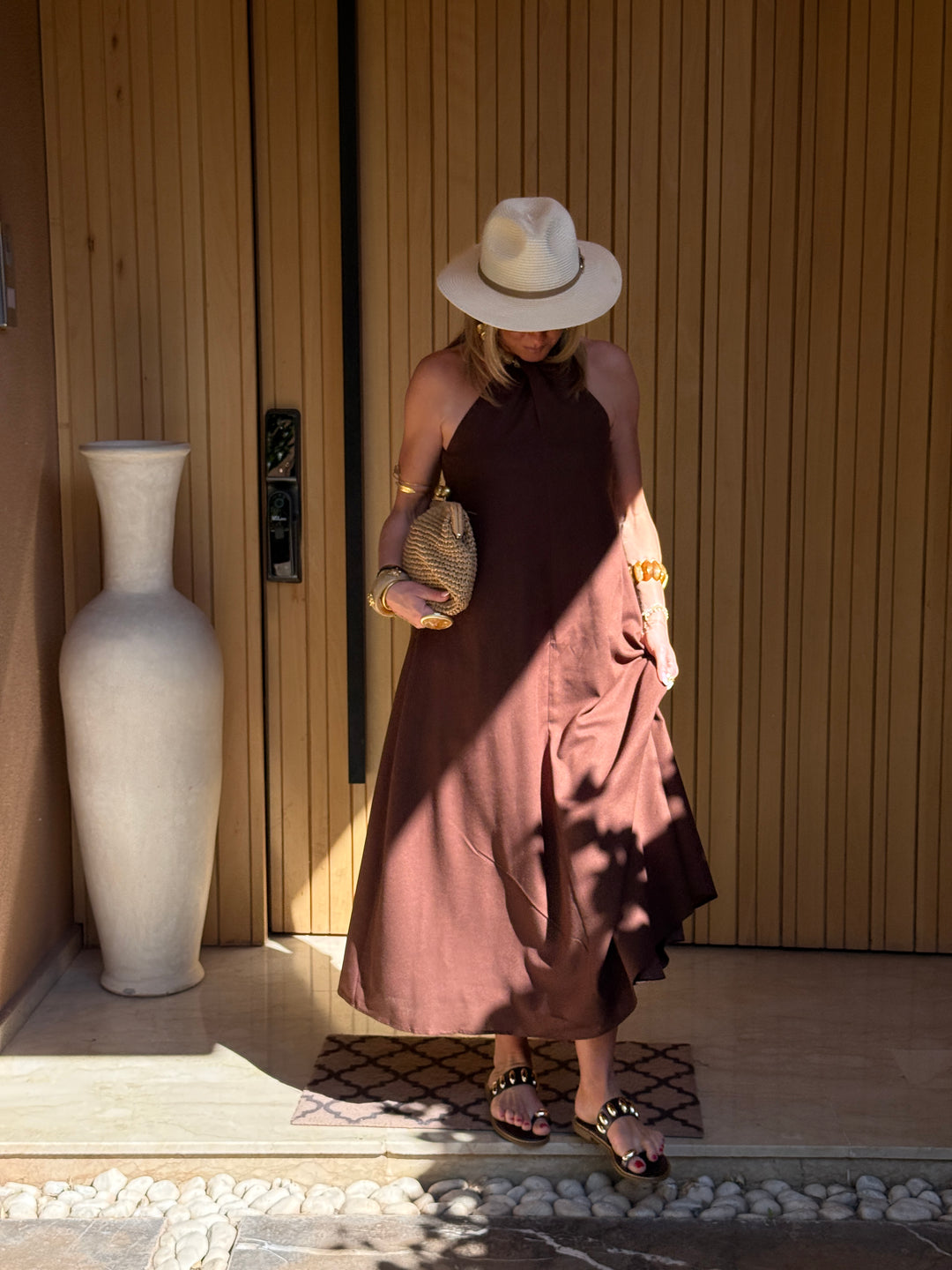 Robe Lin col perlé choco 9515