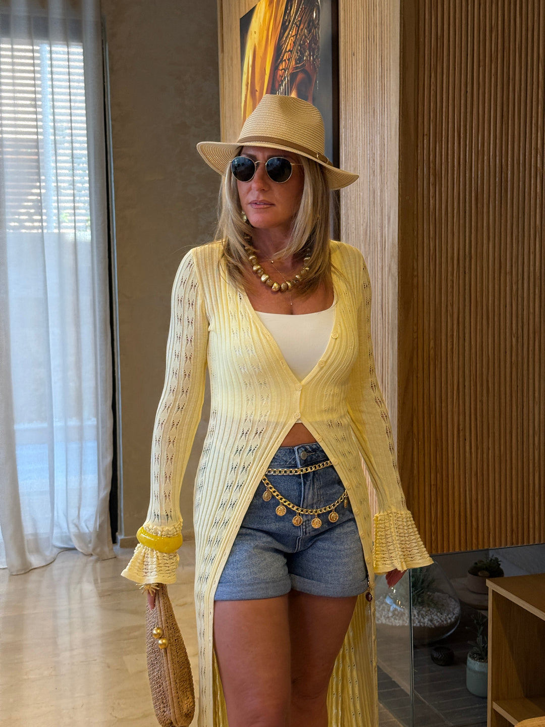 Robe gilet longue tricote jaune M5106