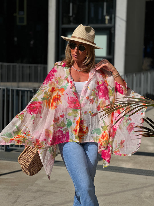 Chemise imprimée fleuri rose/orange