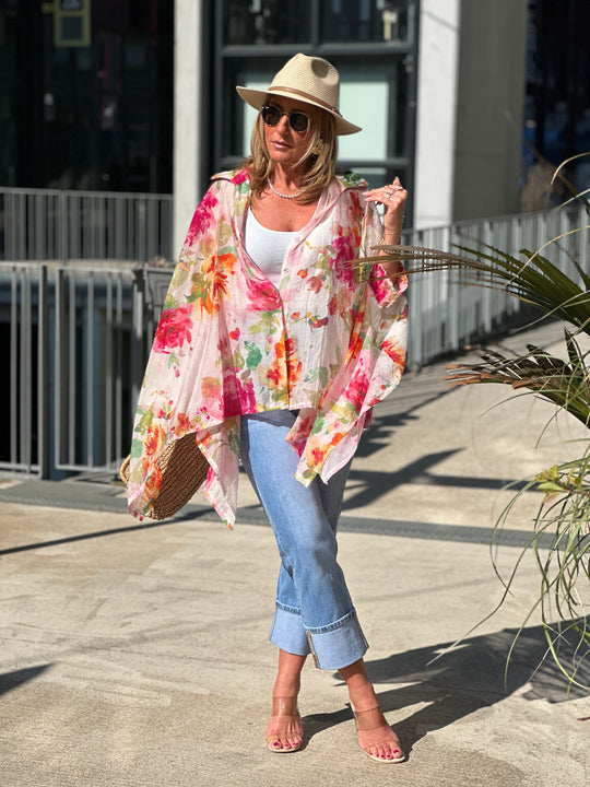 Chemise imprimée fleuri rose/orange