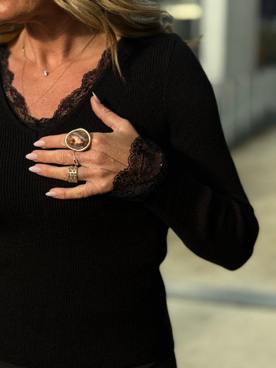 Pull maille manchette dentelle Noir 1911