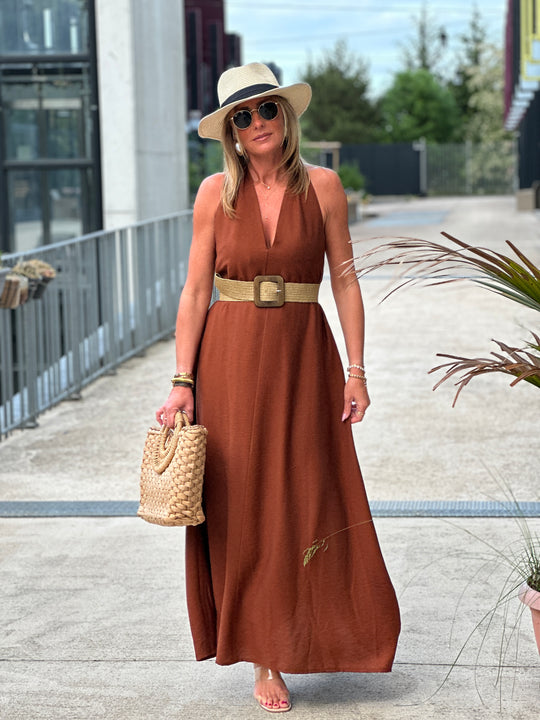 Robe longue dos croisé châtaigne