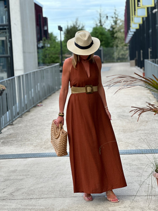 Robe longue dos croisé châtaigne