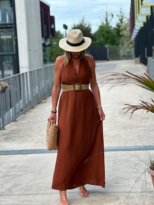 Robe longue dos croisé châtaigne