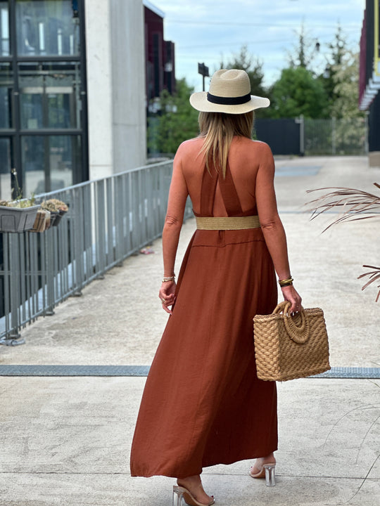 Robe longue dos croisé châtaigne