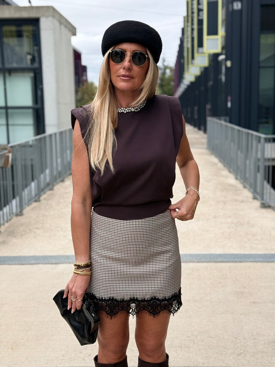 Jupe à carreaux bande dentelle noir 27753