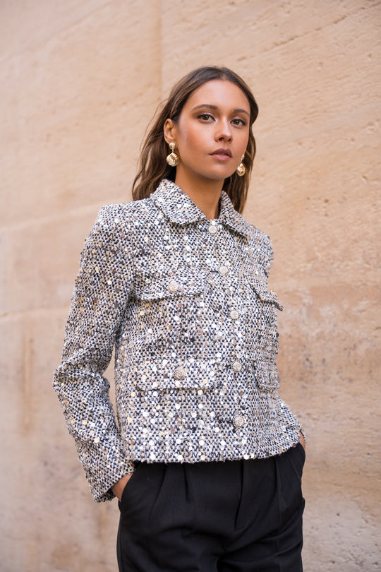 Veste à sequin noir argenté 2527
