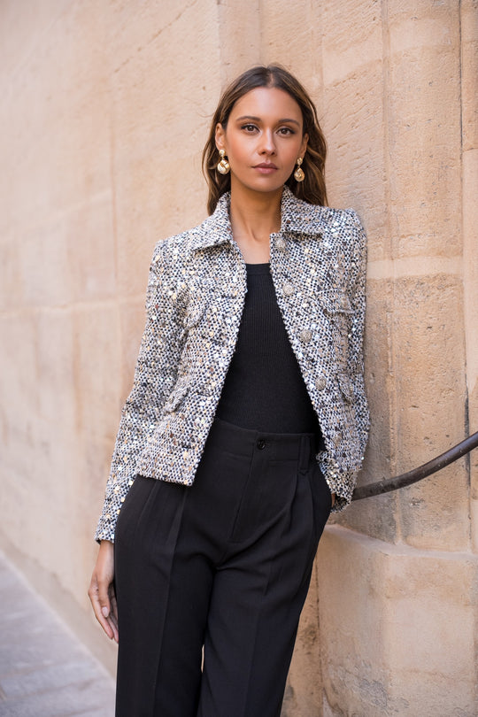 Veste à sequin noir argenté 2527