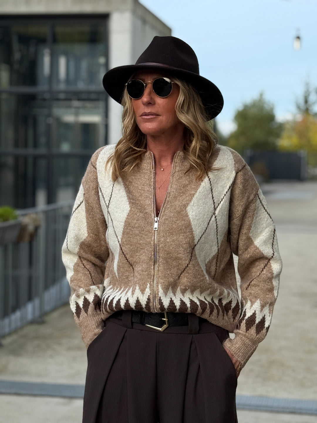 Pull arlequin zip Camel 381299