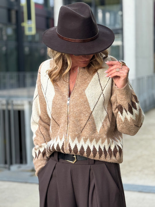 Pull arlequin zip Camel 381299