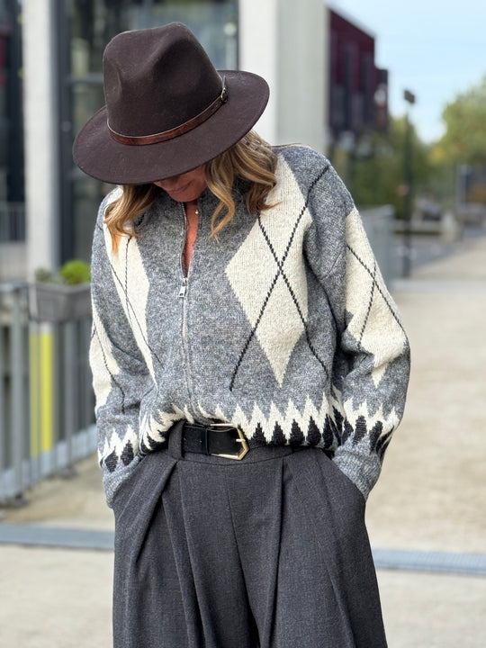 Pull arlequin zip gris 381299