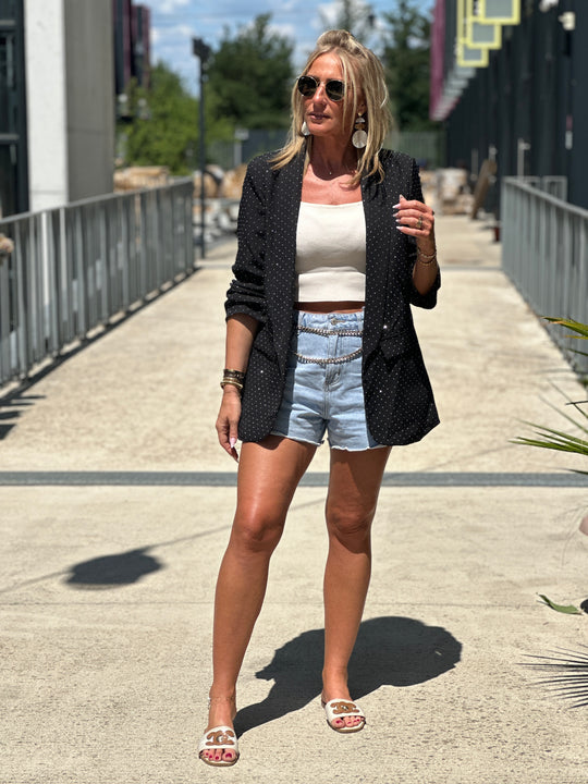 Blazer manches froncées strass