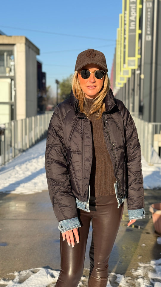 Doudoune court noir bi-matiere jean