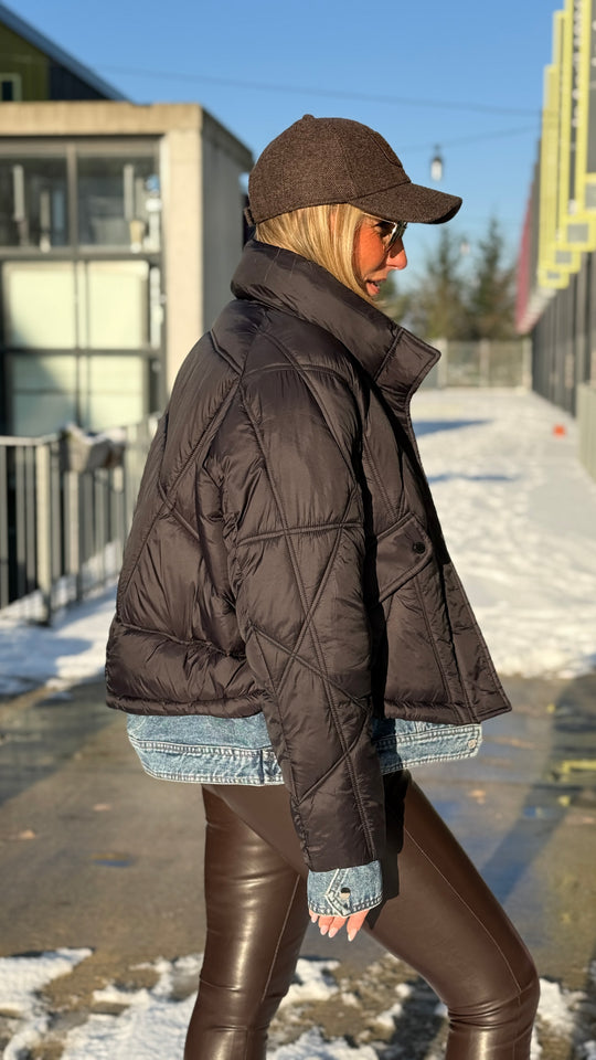 Doudoune court noir bi-matiere jean