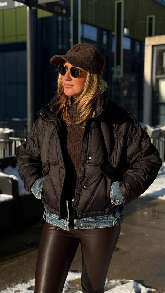 Doudoune court noir bi-matiere jean