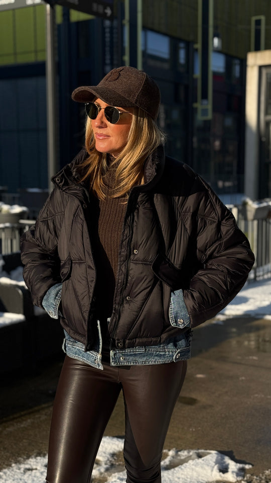 Doudoune court noir bi-matiere jean