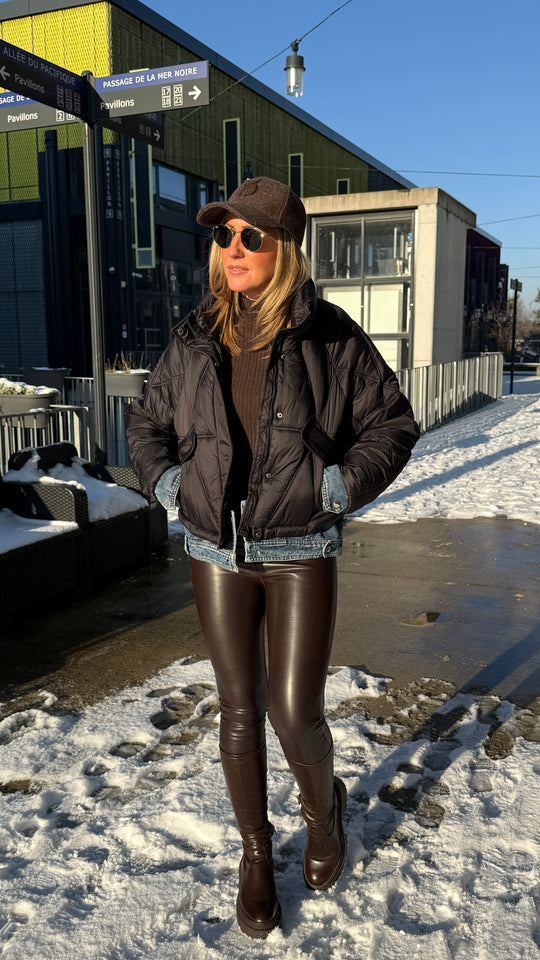 Doudoune court noir bi-matiere jean