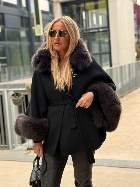 Manteau laine aux fourrures Gris 26134