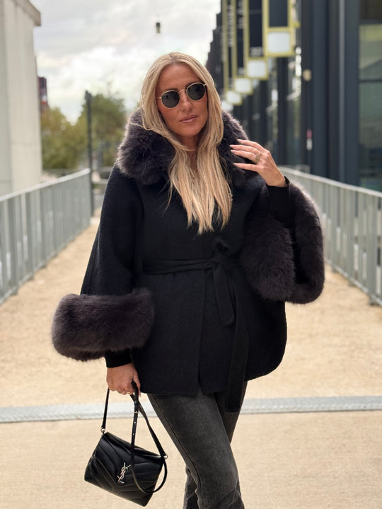 Manteau laine aux fourrures Gris 26134